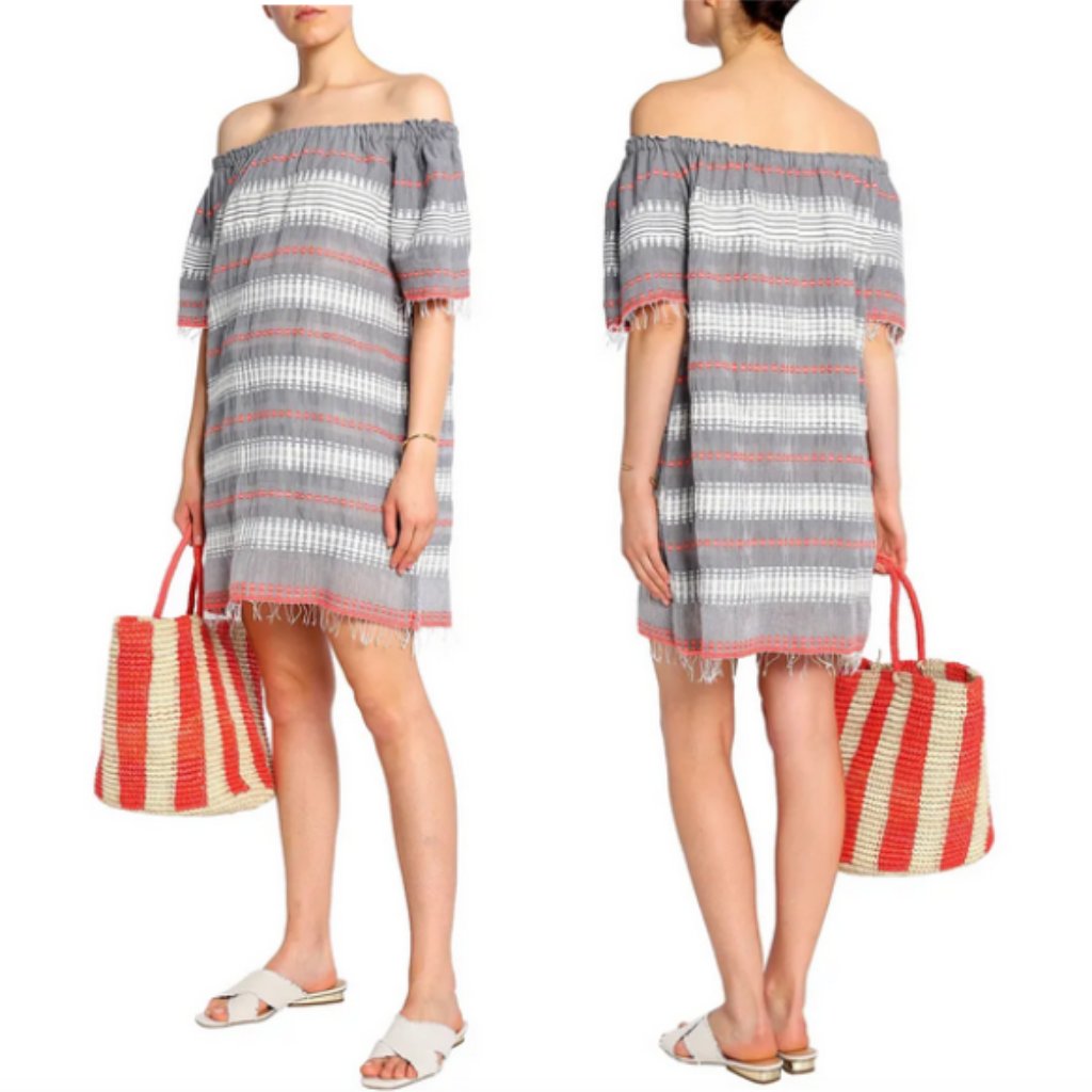 Lemlem Off Shoulder Embroidered Stripe Mini Dress